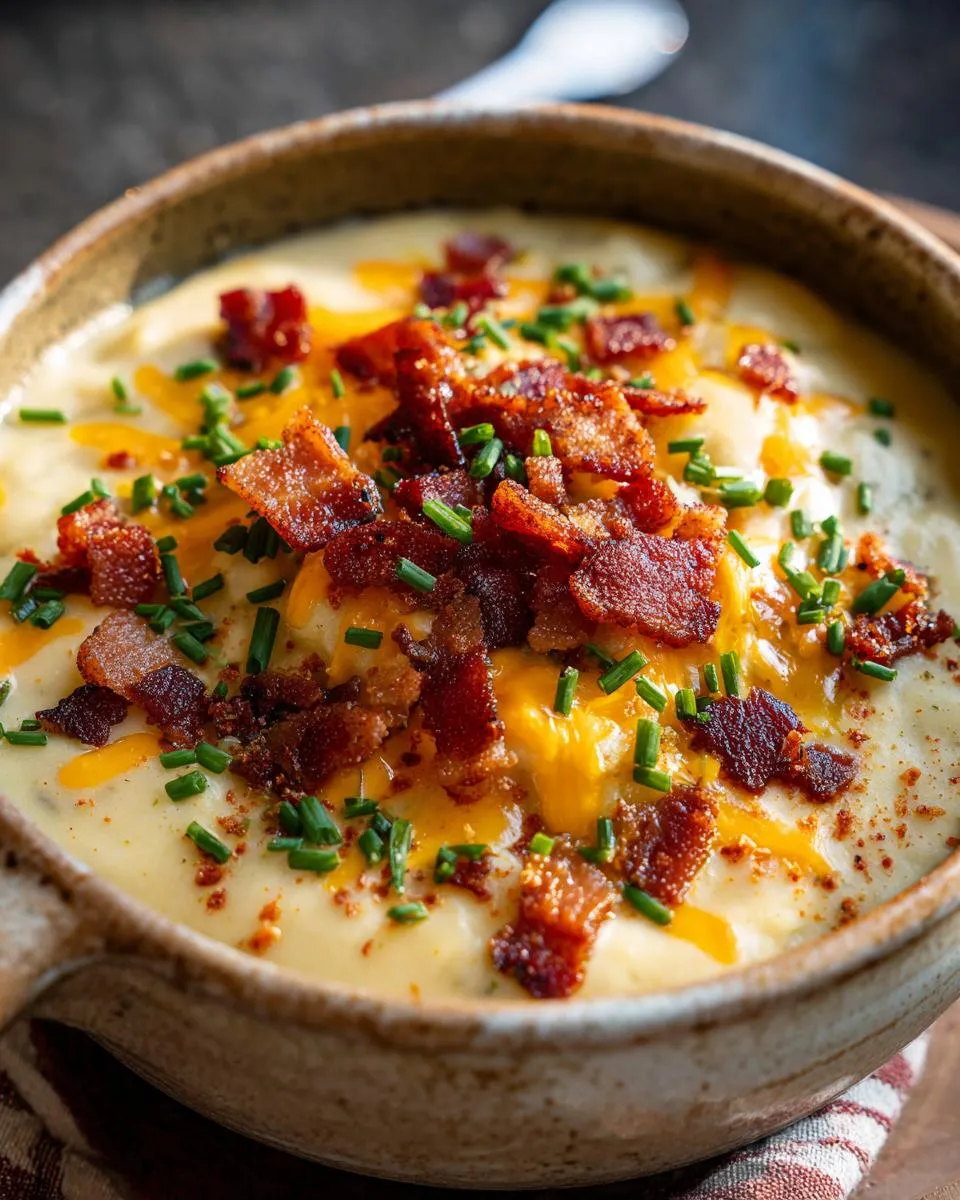 A bowl of creamy Loaded Baked Potato Soup topped with crispy bacon, shredded cheese, and fresh chives.