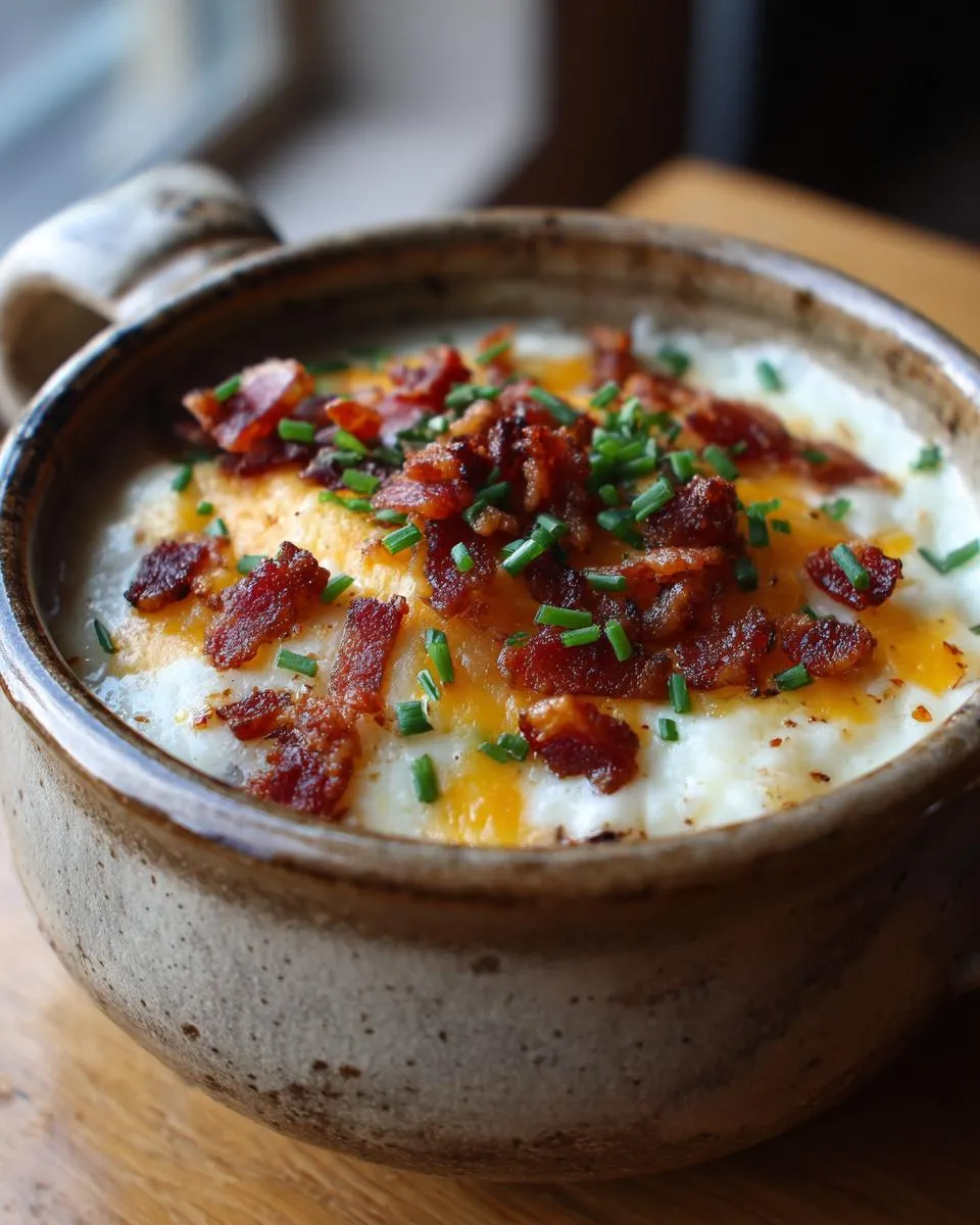 Close-up of a bowl of Loaded Baked Potato Soup, topped with bacon, cheese, and chives.