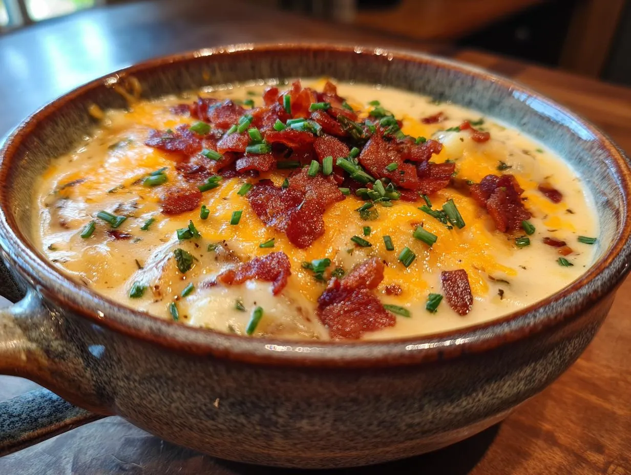 A bowl of creamy Loaded Baked Potato Soup topped with cheese, bacon, and chives.