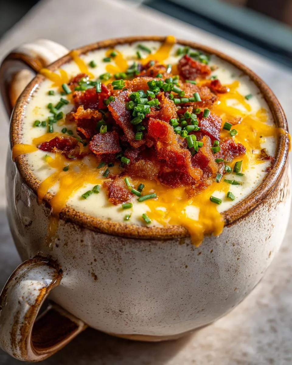 A mug of Loaded Baked Potato Soup topped with bacon, cheese, and chives. Creamy and delicious!