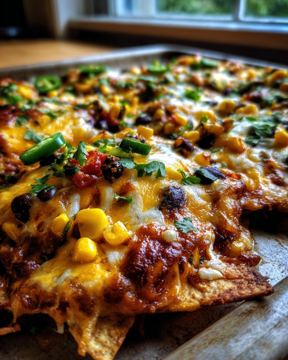 Close-up of a pan of delicious loaded nachos topped with melted cheese, corn, black beans, jalapenos, and cilantro.