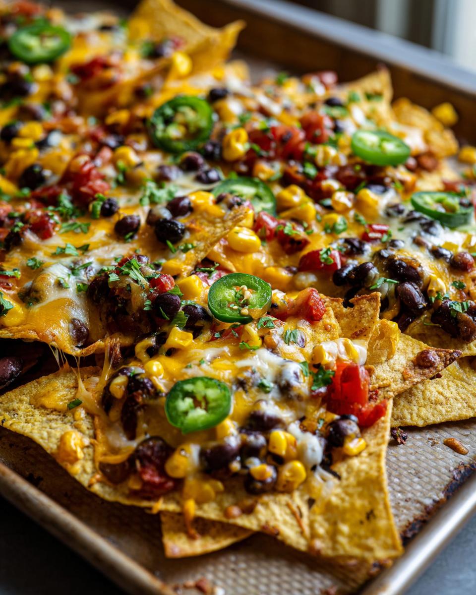 A close-up shot of a baking sheet filled with loaded nachos, topped with melted cheese, black beans, corn, and jalapeños.