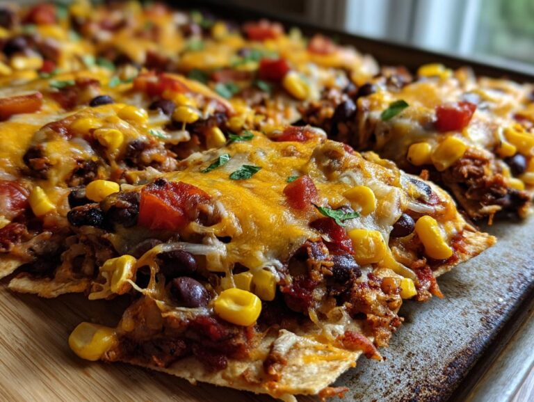 Close-up of a tray of delicious loaded nachos topped with melted cheese, black beans, corn, and tomatoes.