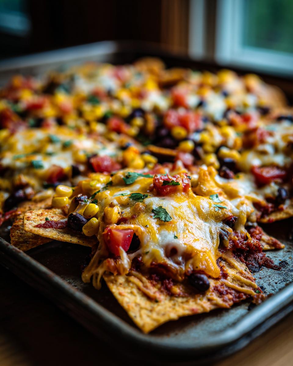 Close-up of a baking sheet filled with loaded nachos, featuring melted cheese, black beans, corn, and diced tomatoes.