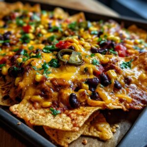 Close-up of cheesy loaded nachos with black beans, corn, jalapenos, and cilantro on a baking sheet.