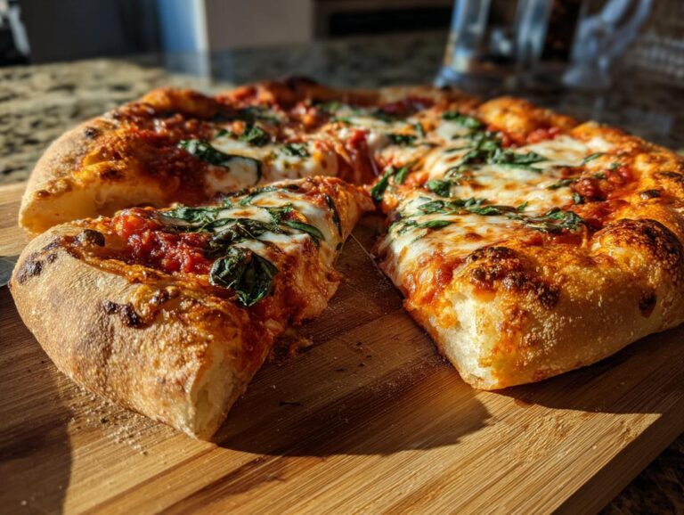 A close-up shot of a slice of Margherita pizza with melted mozzarella, tomato sauce, and fresh basil.