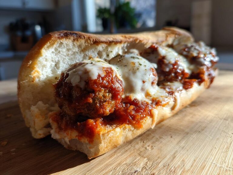 A close-up, mouthwatering shot of a meatball sub overflowing with juicy meatballs, marinara sauce, and melted mozzarella cheese.