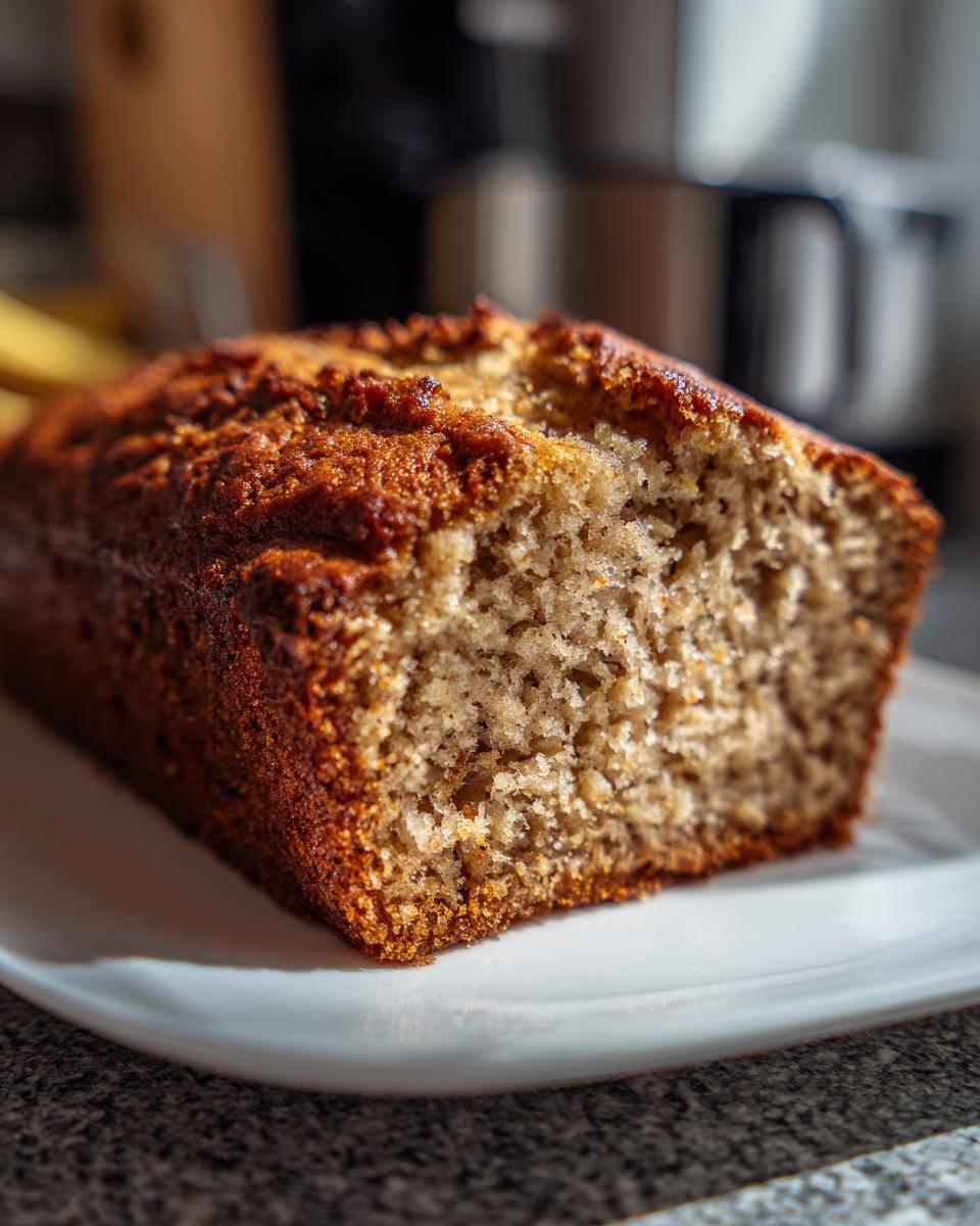 Close-up of a moist Banana Bread loaf on a white plate, showing the texture and golden crust.