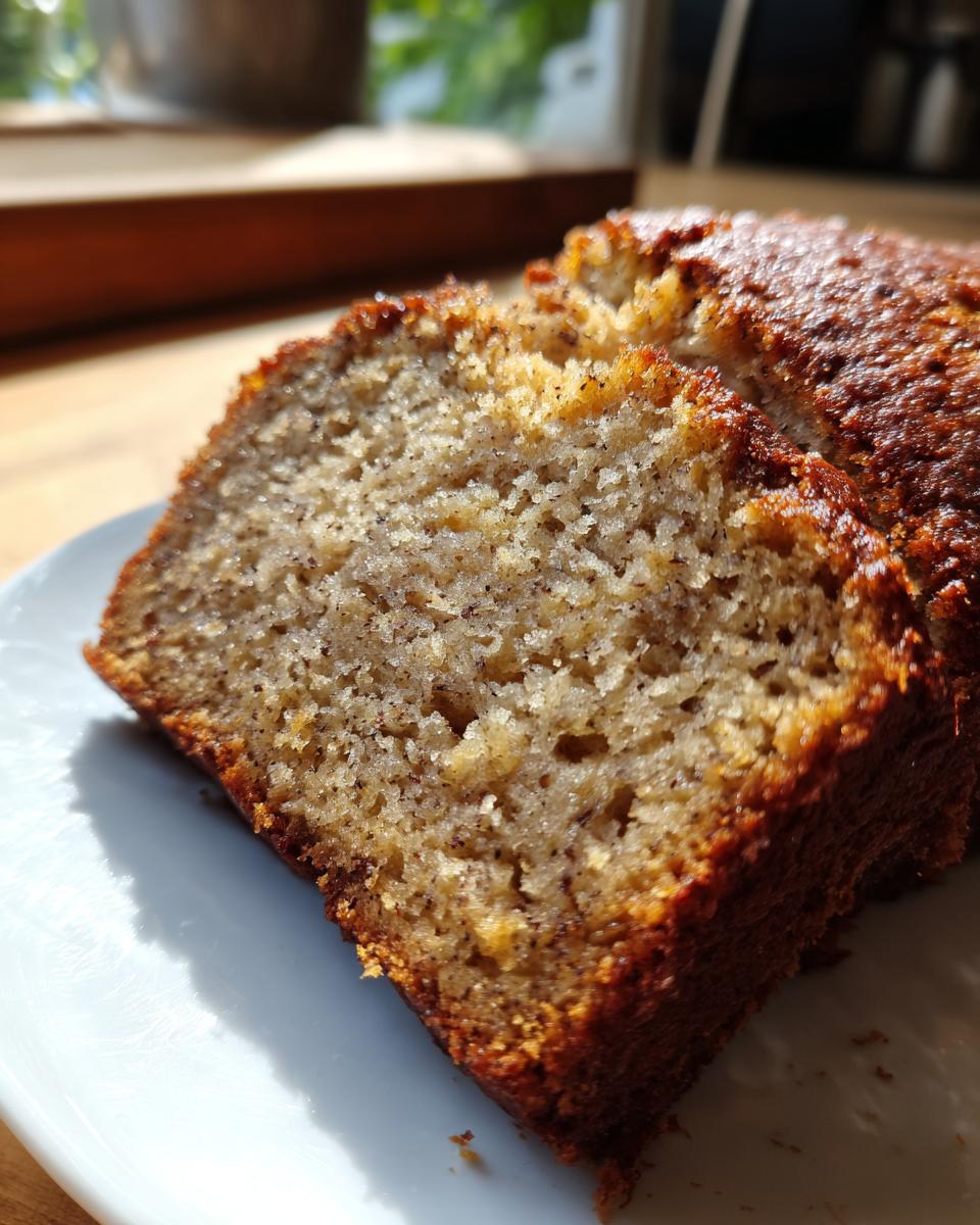 Close-up of a slice of moist banana bread on a white plate, showing the texture and crumb.