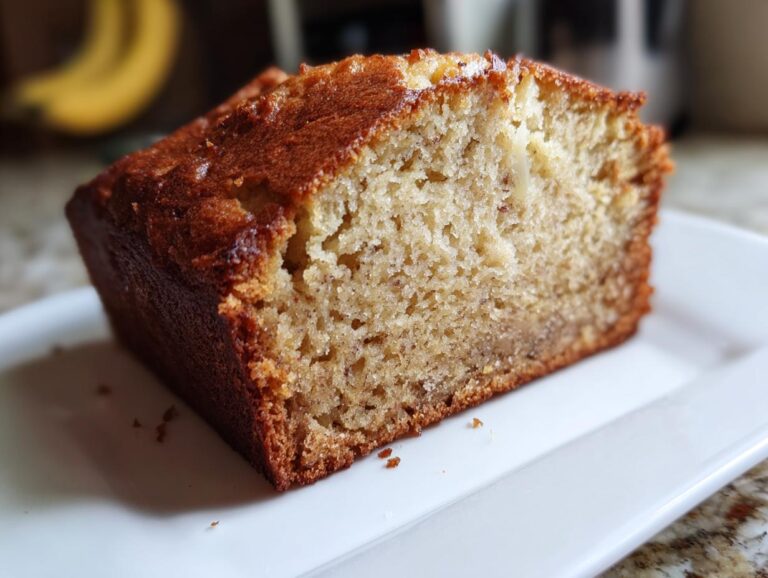 A slice of moist banana bread on a white plate, showcasing its texture and golden crust.