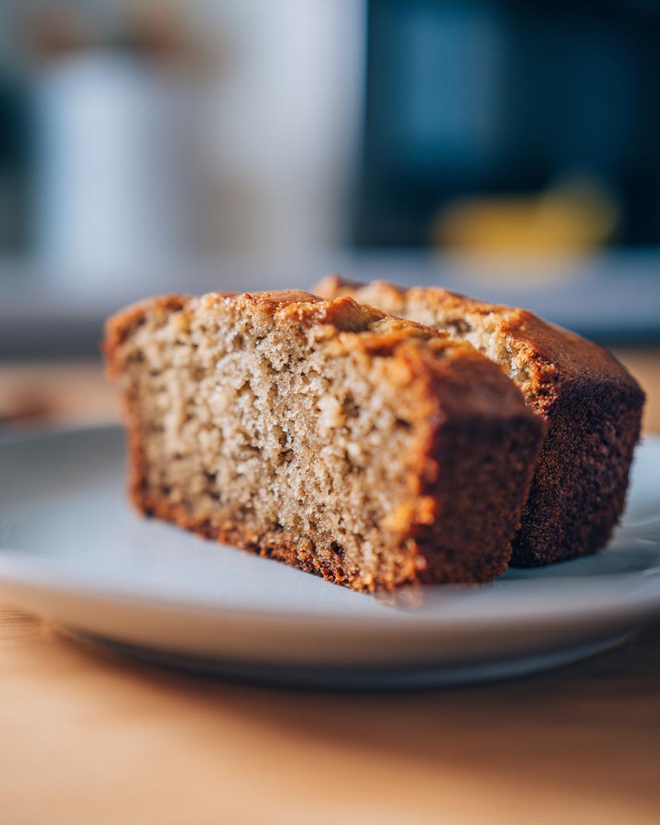 Two slices of freshly baked moist banana bread on a light blue plate, showcasing its texture.