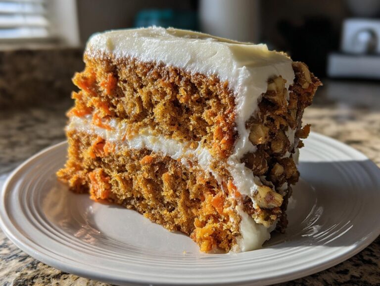 A delicious slice of moist carrot cake with cream cheese frosting and visible walnuts.