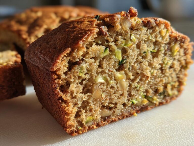 Close-up of a moist slice of Zucchini Bread, showing grated zucchini and nuts throughout the crumb.