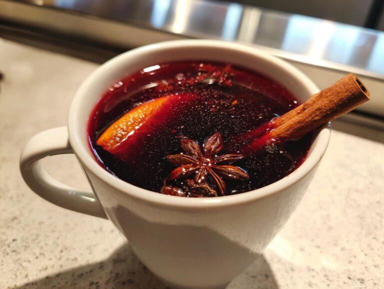 A steaming mug of mulled wine, garnished with a cinnamon stick, orange slice, and star anise.