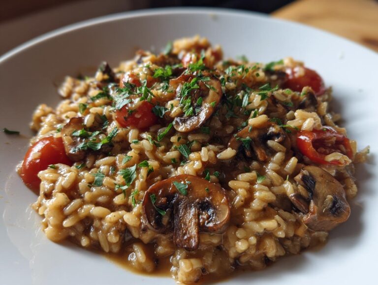 A close-up of creamy Mushroom Risotto topped with sautéed mushrooms, halved cherry tomatoes, and fresh parsley.