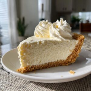 A delicious slice of no bake cheesecake with a graham cracker crust and topped with whipped cream.