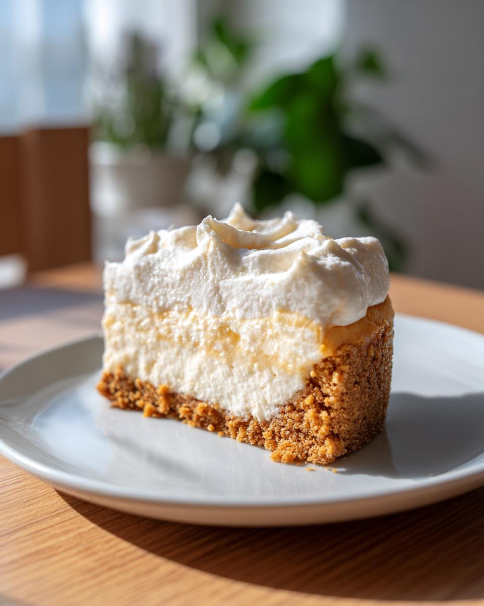 A slice of no bake cheesecake on a plate, featuring a graham cracker crust and creamy topping.