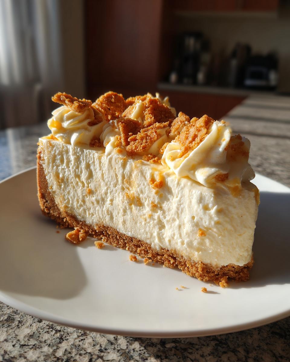 A delicious slice of no bake cheesecake with a graham cracker crust, creamy filling, whipped topping, and crumble.