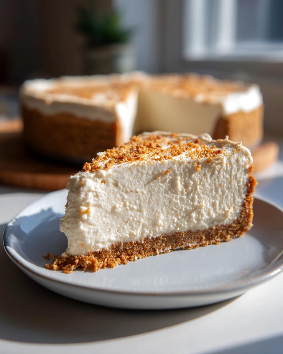 A slice of no bake cheesecake with a graham cracker crust, topped with crumbs, served on a plate.
