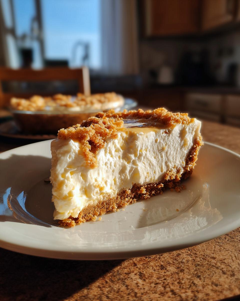 A delicious slice of no bake cheesecake with a graham cracker crust and crumble topping, sitting on a white plate.