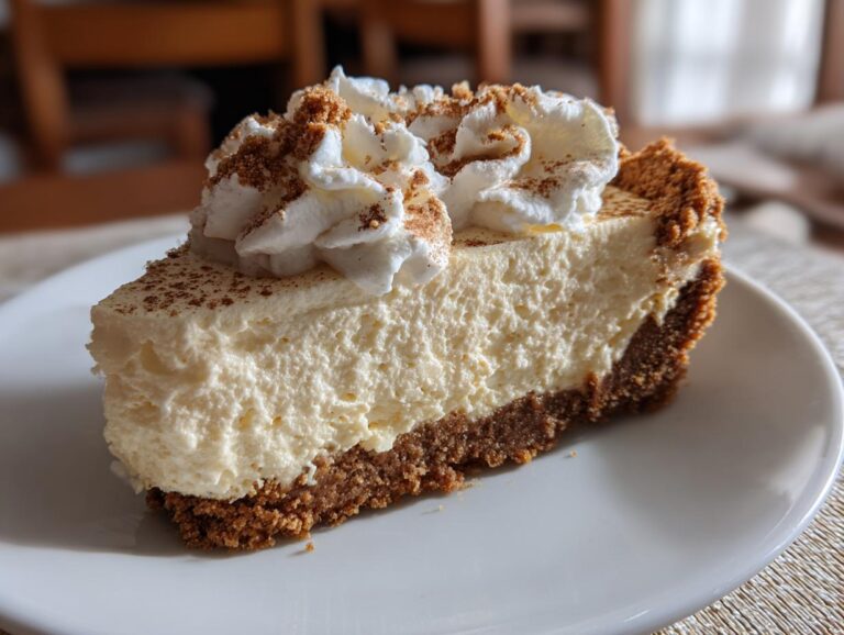 A delicious slice of No bake cheesecake on a white plate, topped with whipped cream and graham cracker crumbs.