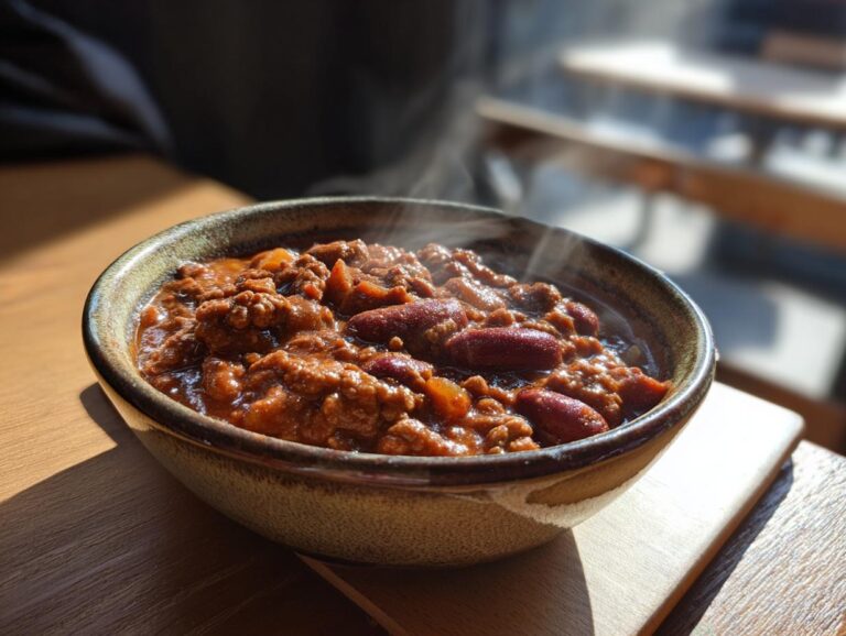 A steaming bowl of one-pot beef chili with kidney beans, ground beef, and a rich, savory sauce.