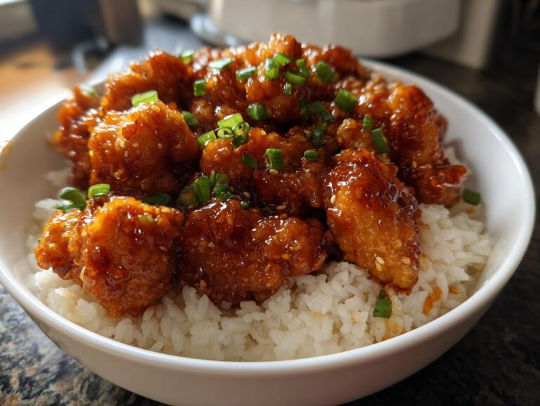 A bowl of orange chicken served over white rice, garnished with green onions. Ready to eat orange chicken.
