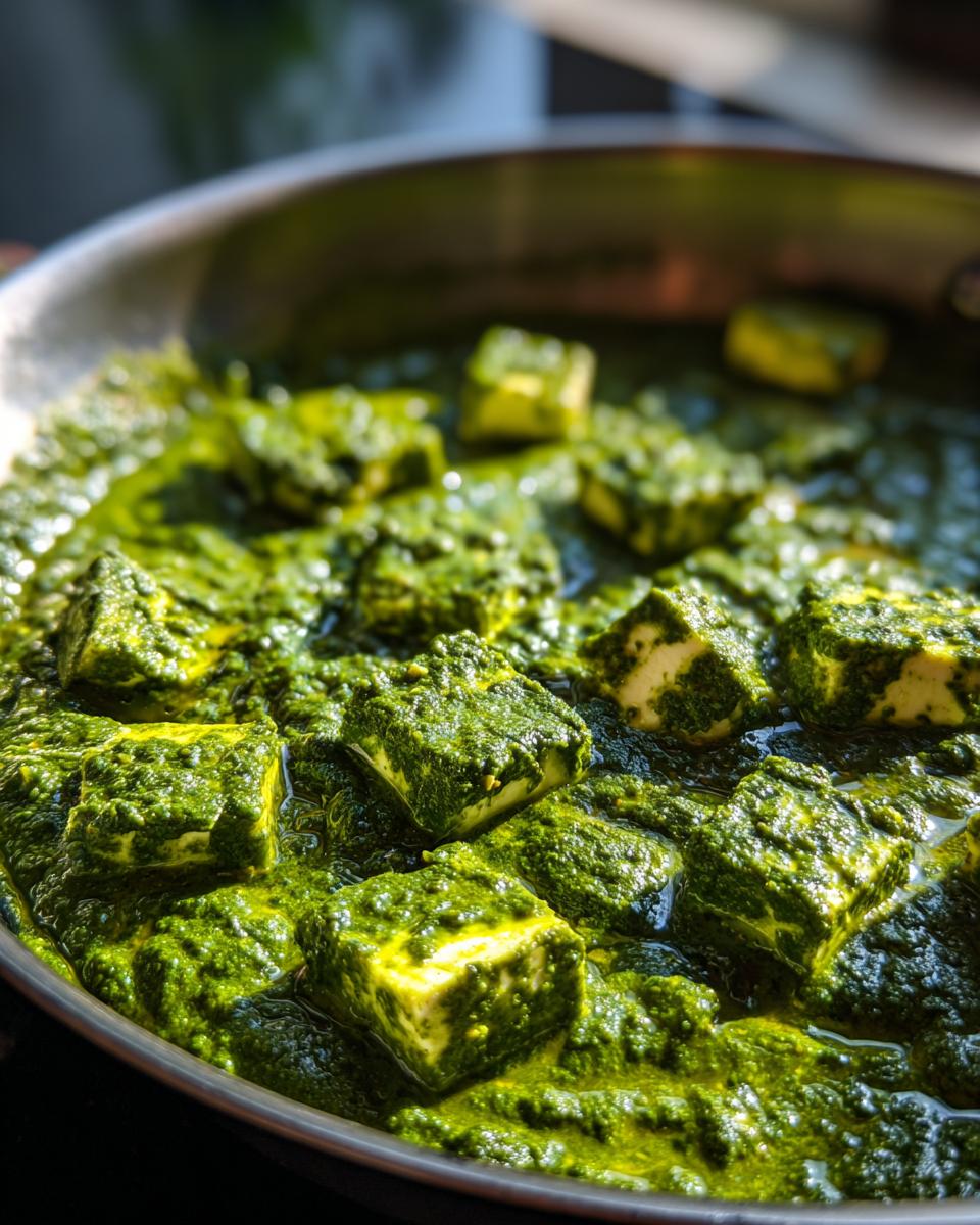 Close-up of cubes of paneer cheese simmering in a vibrant green spinach sauce, known as Palak Paneer.