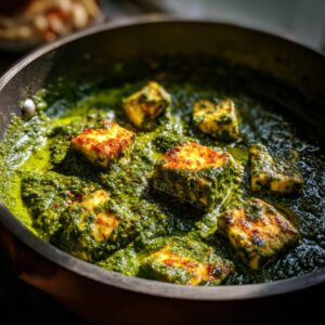 Close-up of cubes of golden-brown paneer simmering in a vibrant green palak paneer sauce in a black pan.