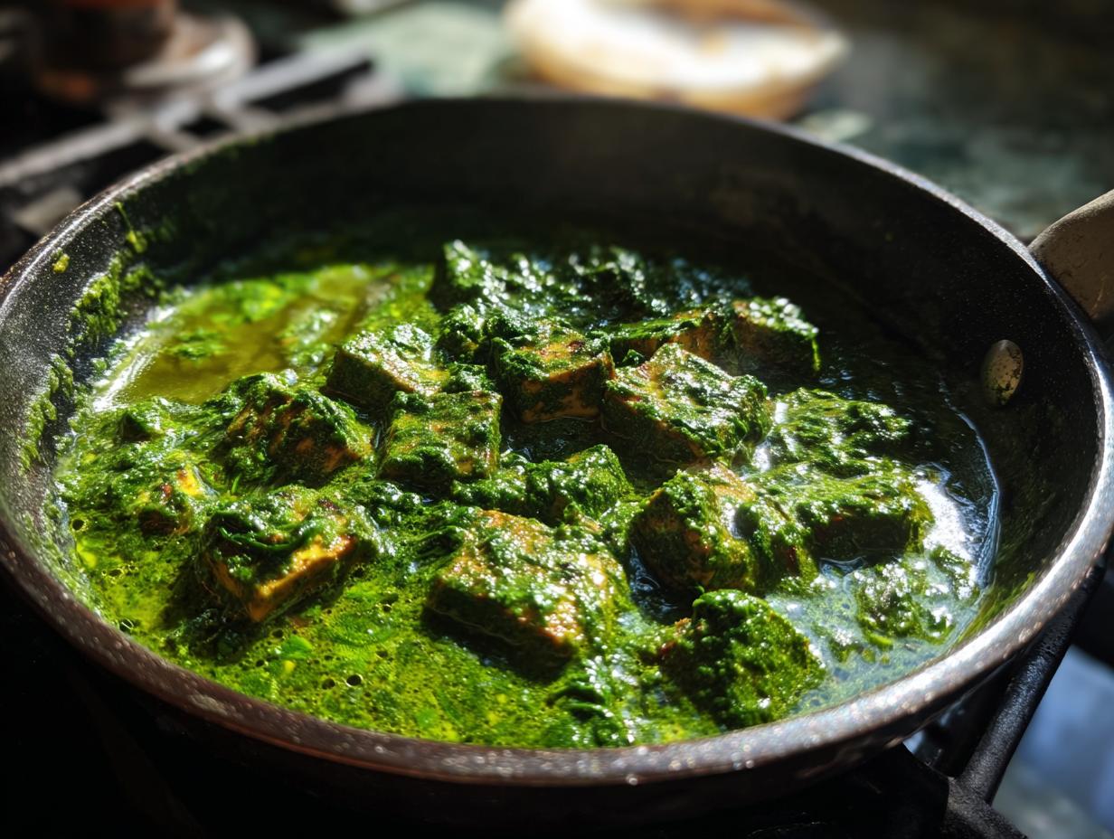 Close-up of cubes of paneer simmering in a vibrant green palak paneer sauce in a black skillet.