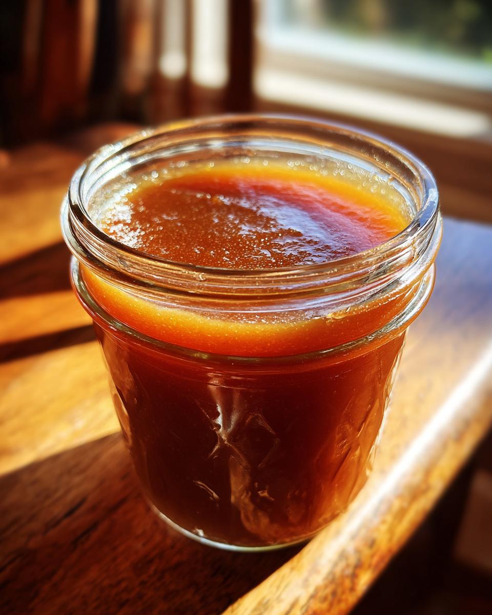 Close-up of a jar filled with rich, amber-colored Pear Butter on a wooden surface.