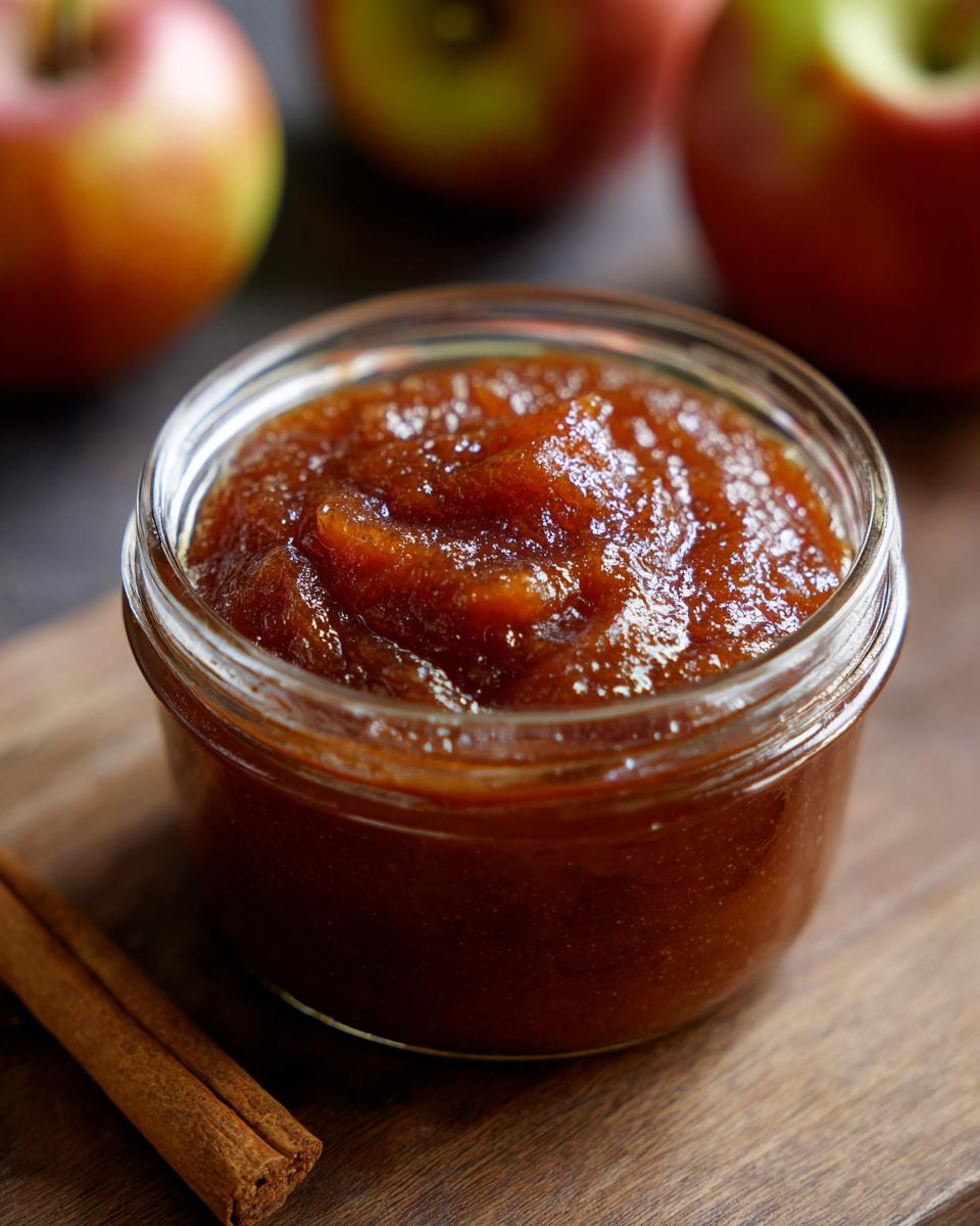 Close-up of homemade Pear Butter in a glass jar, with apples and cinnamon stick on a wooden board.