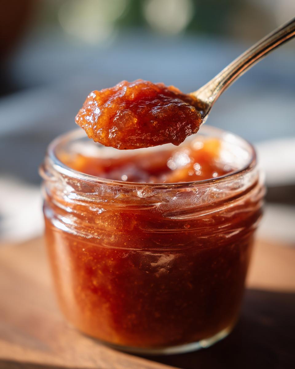 Close-up of a spoonful of pear butter being lifted from a glass jar, showing its rich texture and color.