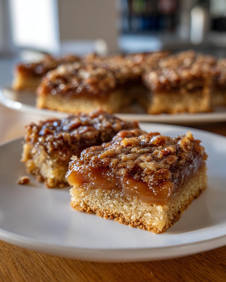 Two gooey pecan pie bars on a white plate, showcasing the layers of crust, filling, and pecan topping.