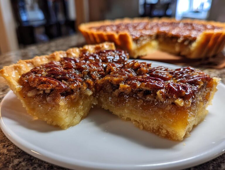 Two delicious pecan pie bars on a white plate, with the rest of the pie in the background.