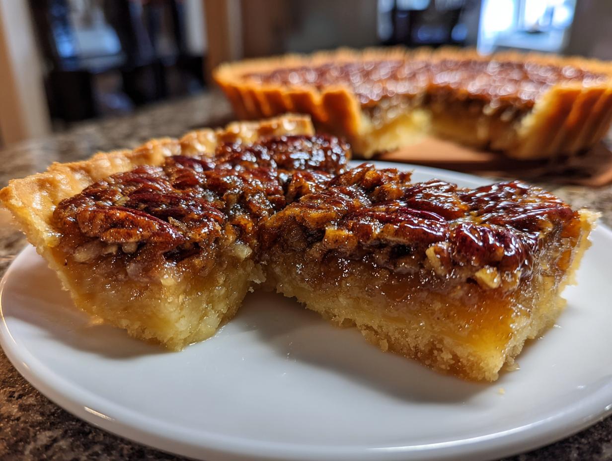 Two delicious pecan pie bars on a white plate, with the rest of the pie in the background.