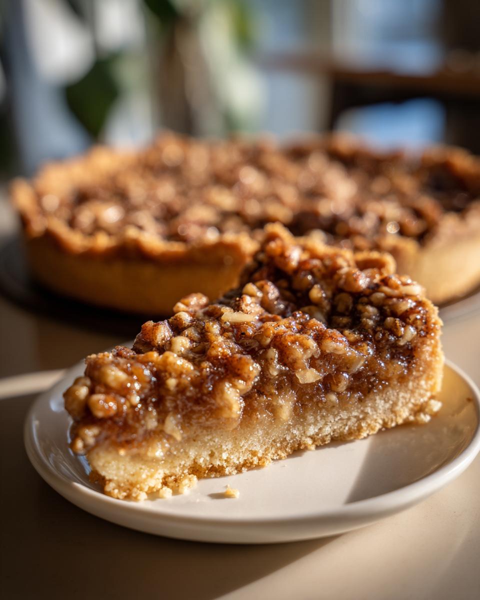 A slice of pecan pie bars on a plate, showcasing the gooey pecan filling and crust.