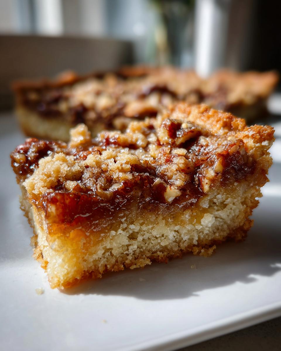 Close-up of a gooey pecan pie bars slice with a shortbread crust and pecan topping.