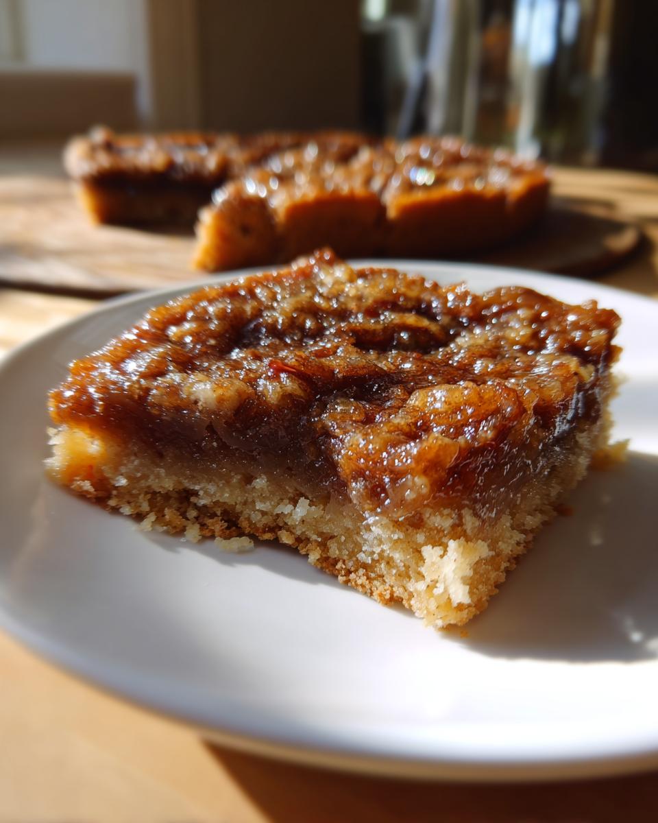 Close-up of a single pecan pie bars slice on a white plate, showing the crust and gooey pecan topping.