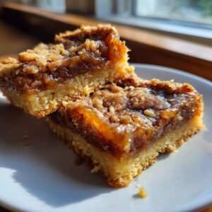 Two delicious pecan pie bars stacked on a white plate, showcasing the gooey filling and crumbly crust.