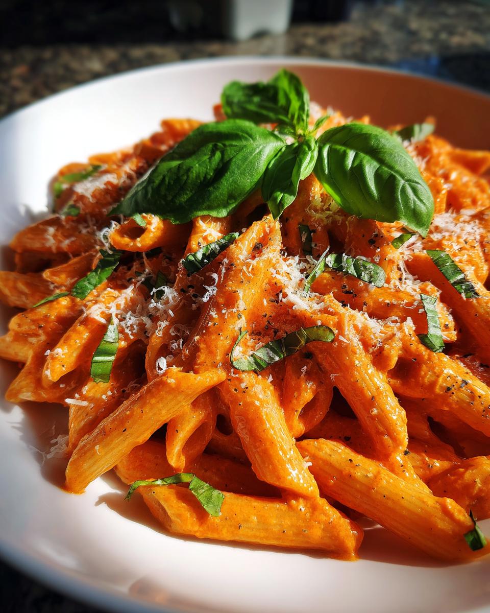 A close-up of a white bowl filled with creamy Penne alla Vodka, garnished with fresh basil leaves and grated Parmesan cheese.