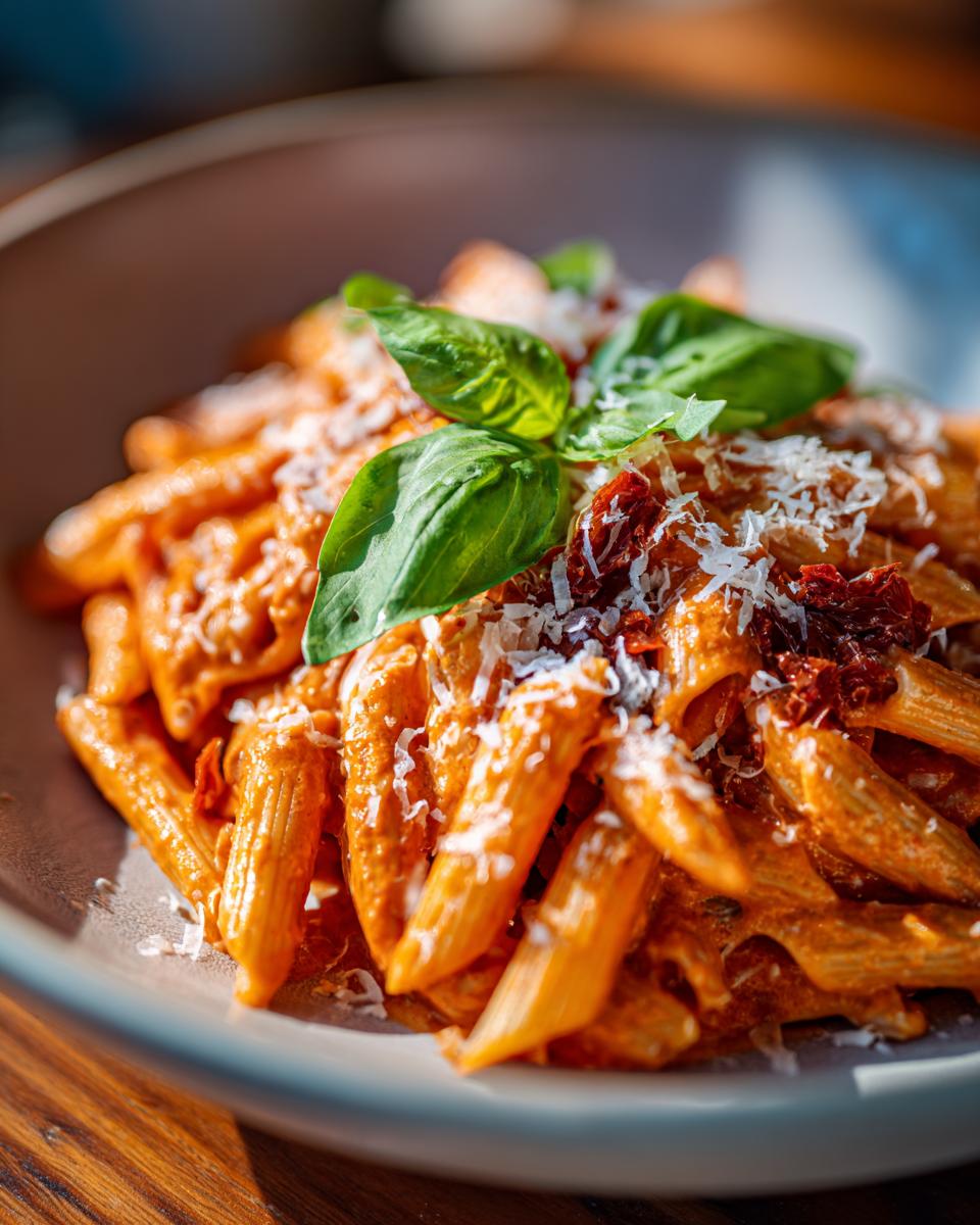 Close-up of Penne alla Vodka pasta dish topped with fresh basil leaves, sun-dried tomatoes, and grated Parmesan cheese.