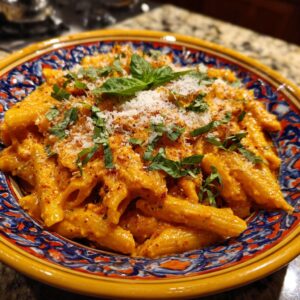 A close-up shot of a bowl of Penne alla Vodka, topped with fresh basil and grated Parmesan cheese.