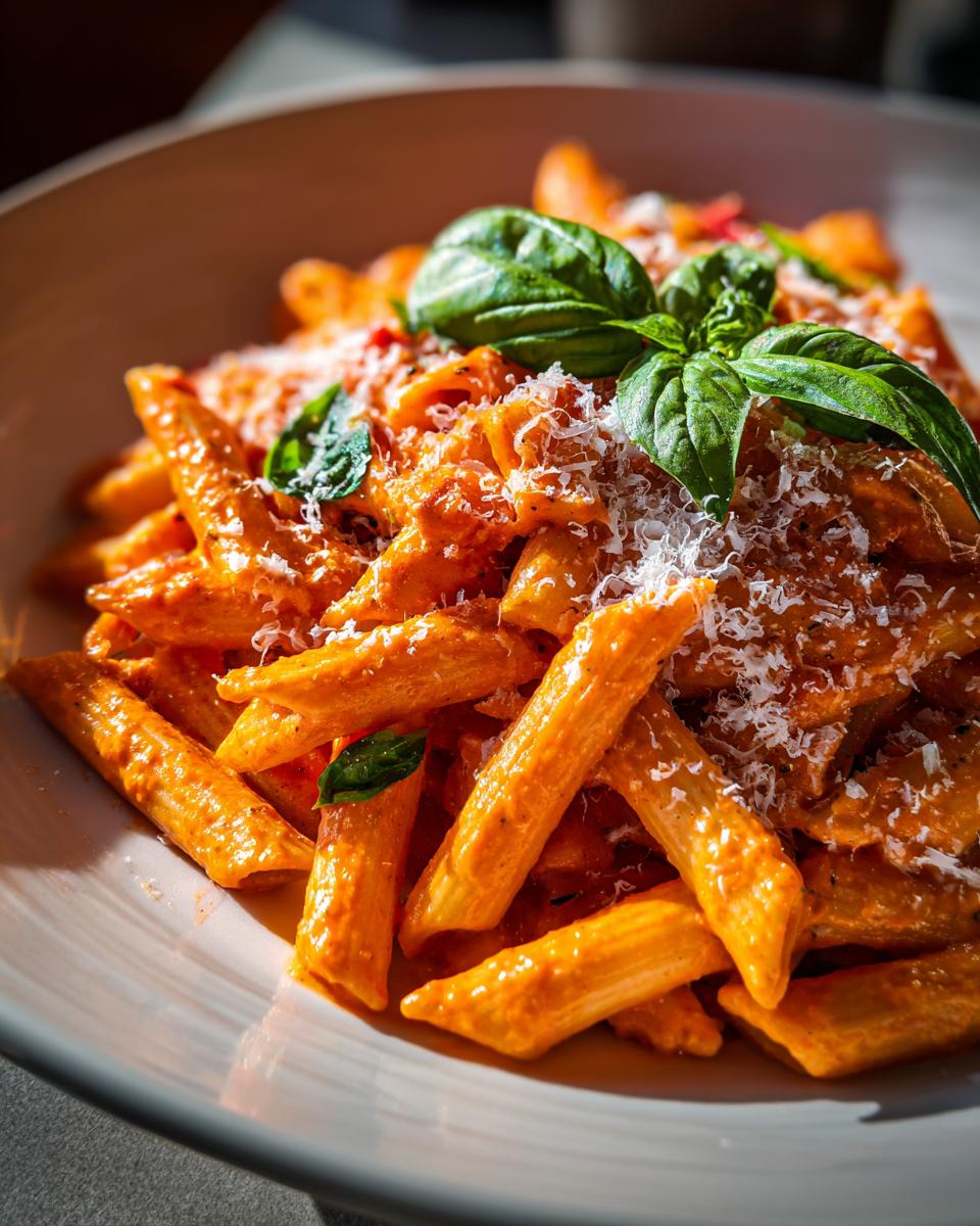 A close-up of Penne alla Vodka pasta dish, generously coated in creamy tomato sauce, topped with fresh basil leaves and grated Parmesan cheese.