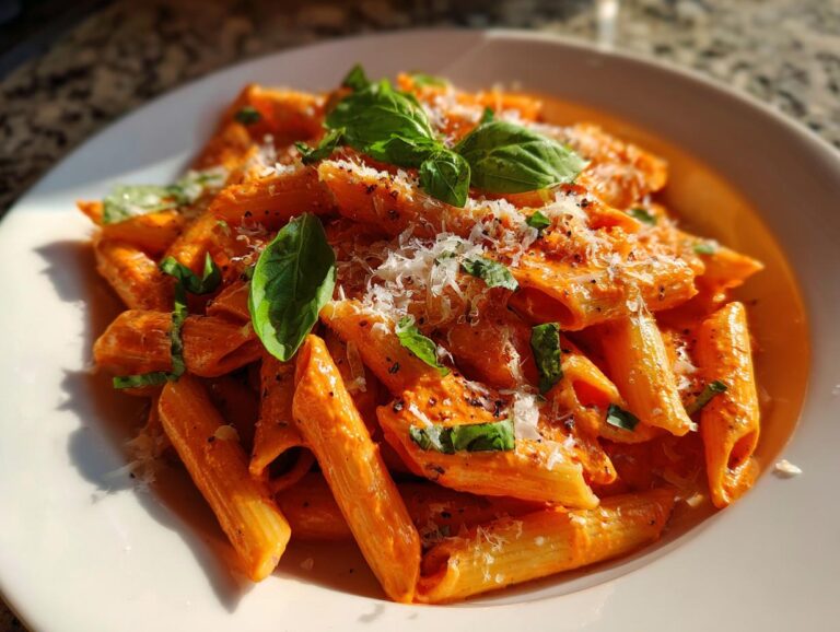 A close-up of a white plate filled with Penne alla Vodka, topped with fresh basil and grated Parmesan cheese.