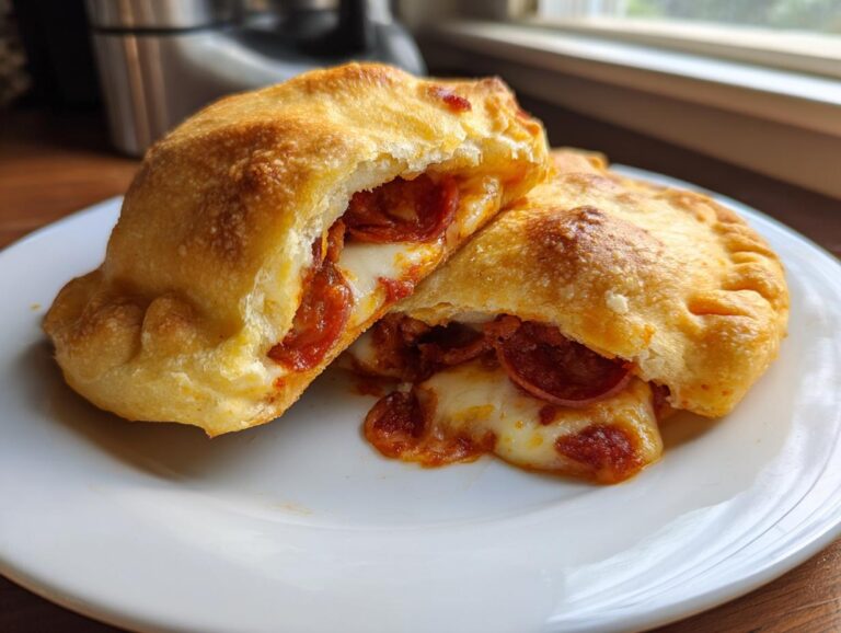Close-up of two delicious pepperoni pizza pockets, cut in half, showing melted cheese and pepperoni inside.