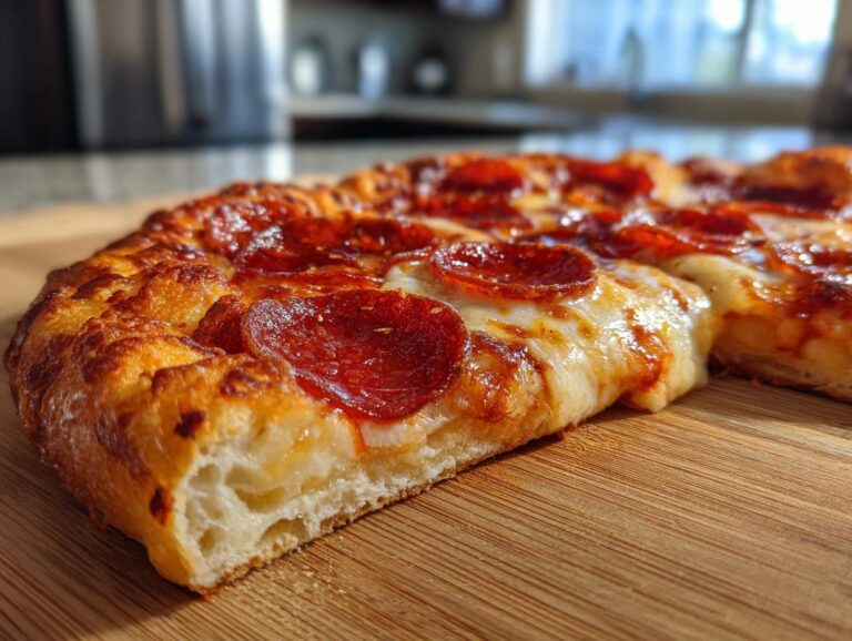 A close-up, angled view of a slice of pepperoni pizza, showcasing melted cheese and crispy pepperoni.