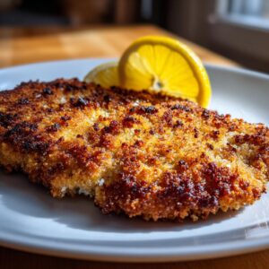 A close-up of a perfectly golden-brown Pork Schnitzel served with two lemon slices on a white plate.