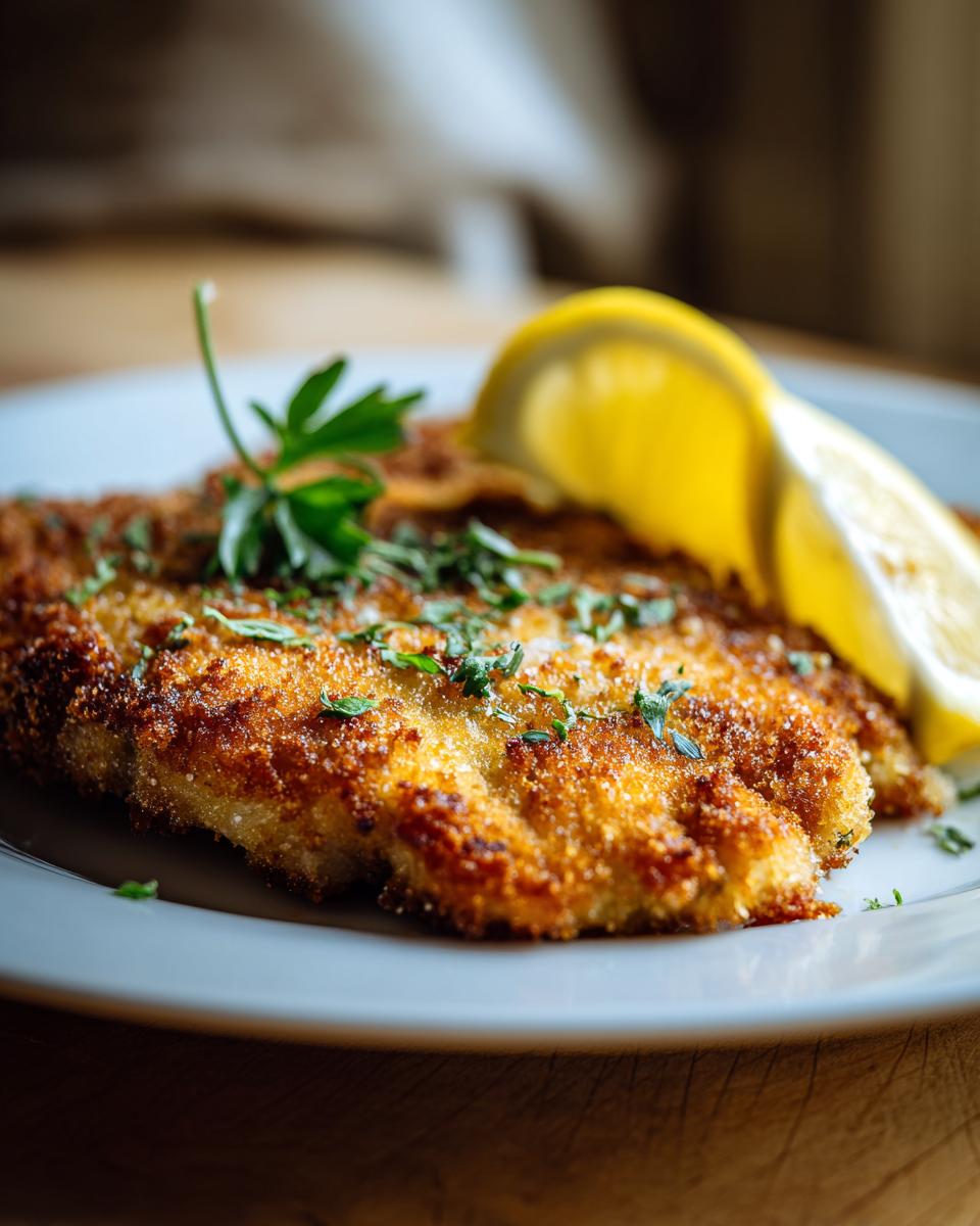 A close-up of a golden-brown, crispy pork schnitzel served on a white plate with a lemon wedge and parsley garnish.