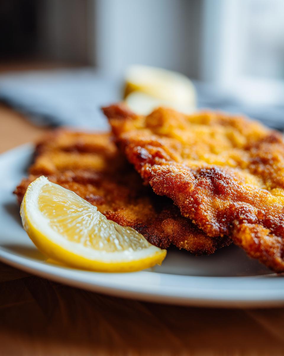 Close-up of two golden-brown crispy pork schnitzel pieces served with a lemon wedge.
